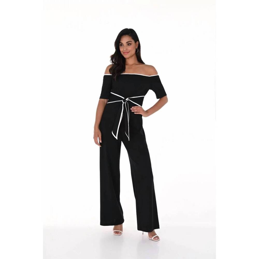 NEW FRANK LYMAN baez open shoulder jumpsuit in black off-white